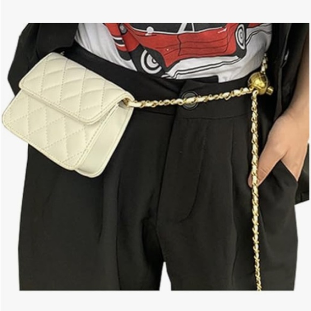 NEW Quilted Micro Mini Waist Belt Bum Bag/ Crossbody White w/ Gold Chain Strap
